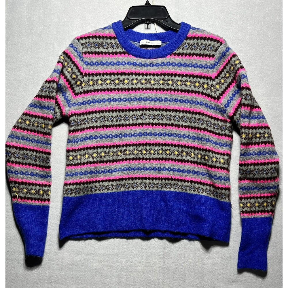 Zara Knit Women’s M Fair Isle Nordic Crewneck Sweater Blue Pink Gray